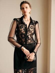 Arave Women's Woven Hollow-Out Lace Casual Vacation Style Short Sleeve Top And Long Skirt 2-Piece Set, Elegant Dress - Black - View 2