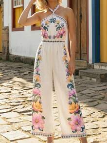 CAJUNI Women's Halter Tie-Up Backless Floral Print Casual Jumpsuit - Purple - View 4