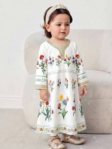 SHEIN 女婴碎花缎带饰边V领长袖连衣裙 - 彩色 - 查看 4