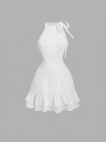 SHEIN MOD Vestido mini de vacaciones de gasa color albaricoque con flores 3D, atuendos de verano para mujer, ropa de playa, atuendos de playa para mujer, atuendos de primavera para mujer, vestido de gasa, bohemio, atuendos de rave festival, atuendos de primavera, vestido azul y blanco, vestido de cumpleaños, fiesta, vestido de graduación, volantes - Blanco - Ver 2