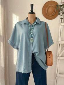 Rusticease Áo sơ mi nữ cỡ lớn tay cánh dơi màu xanh dương, cài một hàng khuy, kiểu dáng thường ngày, thích hợp cho mùa hè/kỳ nghỉ, áo mùa hè, mùa xuân, phong cách đồng quê cho nữ. - Màu xanh bụi bặm - Xem 5