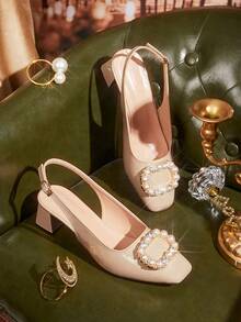 CUCCOO TILAWA Floral Rhinestone Square Buckle Square Toe Commuter Versatile Low Vamp High Heel Hollow Out Sandals, Women's Fashion Shoes - Apricot - View 1