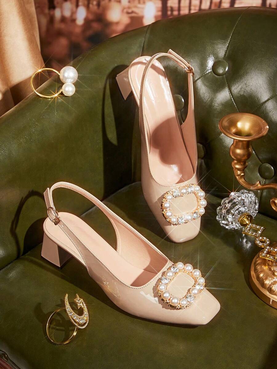 CUCCOO TILAWA Floral Rhinestone Square Buckle Square Toe Commuter Versatile Low Vamp High Heel Hollow Out Sandals, Women's Fashion Shoes - Apricot - View 1