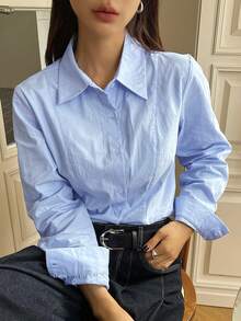 DAZY 女士纯色收腰短款翻领衬衫，商务休闲风，春夏秋季