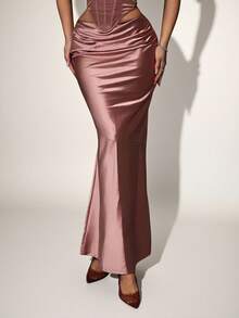 SHEIN ICON 女士纯色优雅长款鱼尾裙，夏季 - 乾枯玫瑰色 - 查看 1