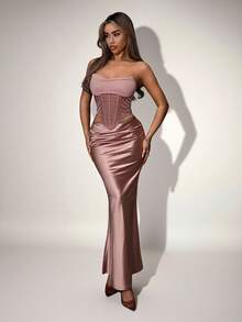 SHEIN ICON 女士纯色优雅长款鱼尾裙，夏季 - 乾枯玫瑰色 - 查看 3