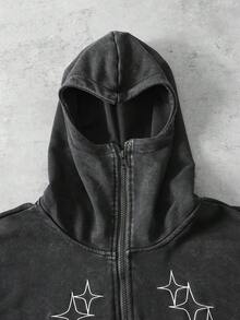 ROMWE MEN Men's Casual Fashionable Street Hooded Sweatshirt With Cross, Star, Letter, Flame Print, Zip-Up, Suitable For Daily Commute, Spring/Autumn - Black - View 6