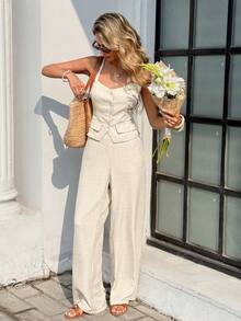 Serisse 女士纯色单排扣马甲和阔腿裤休闲两件套 - 杏色 - 查看 5