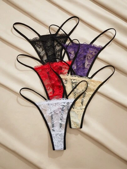 Charlaine 5pcs/Set Sexy Women's Lace Thong Panties, Romantic Ladies Underwear