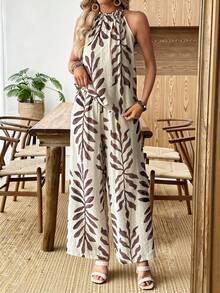 Selamara Women's Elegant Tropical Print Tassel Halter Neck Sleeveless Top And Wide Leg Pants 2 Pieces Set, Vacation Outfit - Apricot - View 6