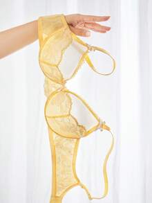 LUVLETTE Soft Woman Lingerie Breathable Underwire Sexy Unlined Minimizer Yellow Floral Lace & Sheer Mesh Bra