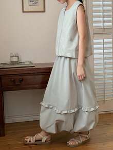 DAZY 少女纯色无袖背心+半裙两件套，秋夏季 - 灰色 - 查看 6