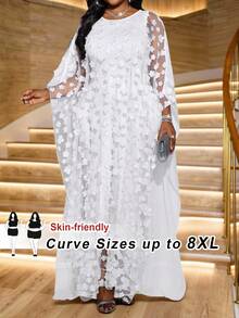 SHEIN CURVE+ 女士大码优雅礼服，适合春、夏、秋、冬各季节的派对、婚礼、鸡尾酒会、音乐会/音乐节等场合。白色针织/梭织大圆领飘逸长袖，可定制大码尺寸。 - 白色 - 查看 6