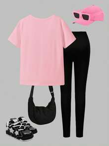 2pcs/Set KPOP Graphic Print Top, Tween Girl Crew Neck Sweatshirt And Leggings Set, Fashionable Casual, Suitable For Autumn/Winte - Multicolor - View 3