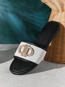 SHUZIA Women's Elegant Metal Ornament Slip-On Flat Sandals - Black - View 6