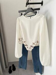 SHEIN Frenchy 女士圆领树叶印花不对称下摆时尚百搭日常灯笼袖衬衫 - 彩色 - 查看 5