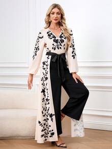 Ellevyn 女士印花拼接V领长袖优雅连体裤 - 彩色 - 查看 4