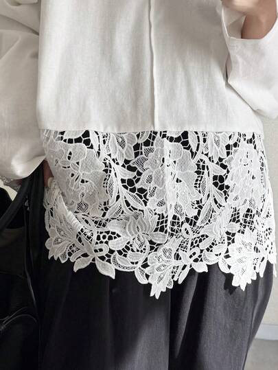 FRIFUL Women's Solid Color Round Neck Drop Shoulder Long Sleeve Lace Hem Loose T-Shirt