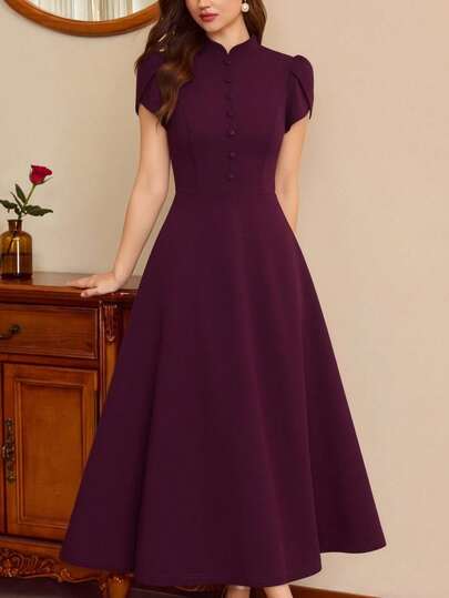 Vintamour 复古优雅女士连衣裙，带口袋，纽扣泡泡袖，休闲工作假日派对连衣裙，长款夏季连衣裙，女士夏季服装，夏季度假装扮，春季女装，春假装扮，春季服装，春季连衣裙，女士情人节装扮，情人节服装，情人节连衣裙，情人节连衣裙，优雅派对连衣裙，女士婚礼宾客连衣裙，女士优雅连衣裙