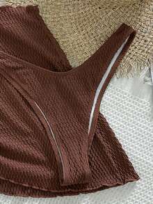 Swim SXY 夏日沙灘純色露背推進文胸及游泳三角底比基尼套裝，配沙灘裙泳衣 - 咖啡棕 - 查看 6