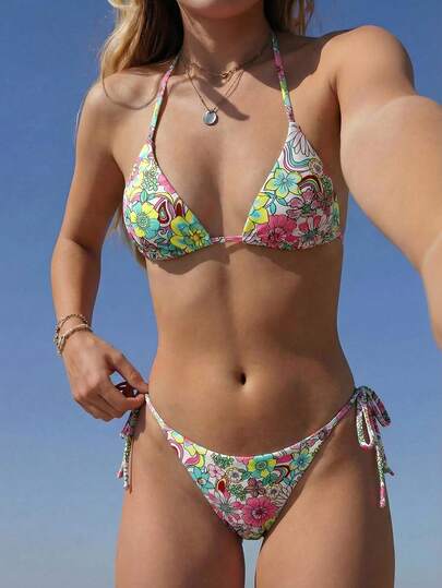 Swim Vcay 2pcs Women's Floral & Leopard Print Sexy Lace-Up Bikini Set