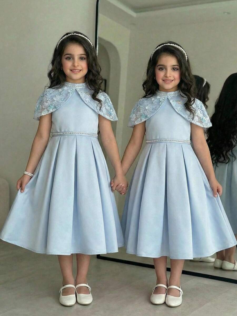 Tween Girl Faux Pearl Light Blue Floral Elegant Flower Girl Dress,Summmer Vintage Rose Stand Collar Patchwork Ruffle Hem A-Line Princess Party Wear - Blue - View 1