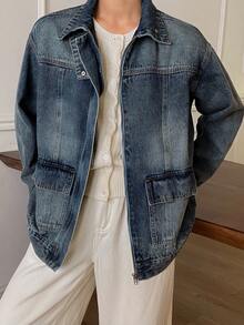 DAZY 做旧水洗宽松翻领长袖休闲街头秋冬女式外套 - 藍色 - 查看 7