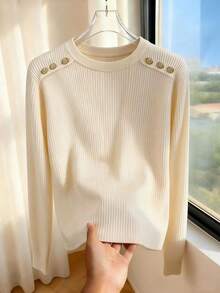 Franclia 女士圆领弹力腰带罗纹长袖T恤 女士毛衣 女士套头衫 女士薄款针织毛衣