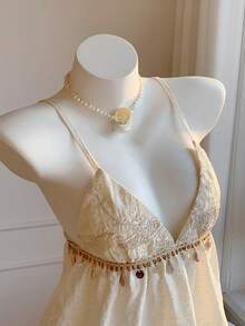 Comfortcana Women's Apricot Ruffle Hem Peplum Top Sexy Spaghetti Strap Cropped Blouse - Apricot - View 4