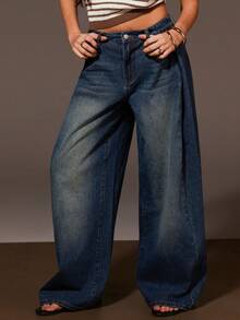 Athîral Women's Pocketed Button Pleated Casual Versatile Commuting Wide Leg Jeans - Medium Wash - View 4