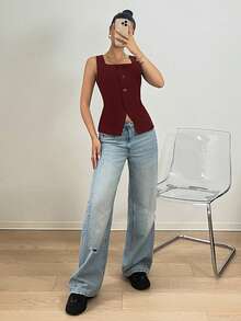 SHEIN EZwear 秋冬季黑色修身女士西装外套 - 酒紅色 - 查看 3