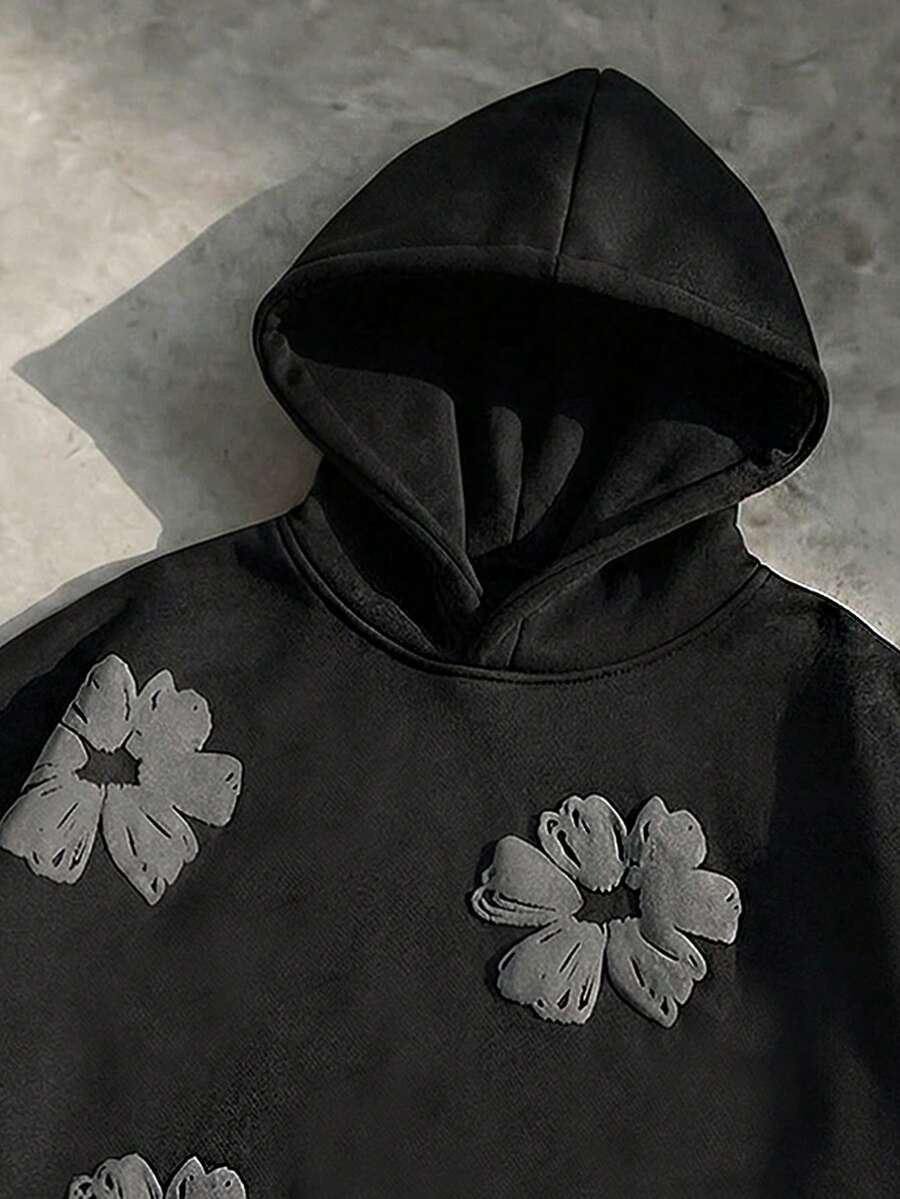 SWAVVY 男士休闲宽松套头连帽衫，通体印花，黑色，春秋季 - 黑色 - 查看 1