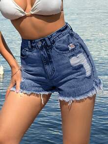 EURMUSE 100%Cotton Back Label Detailed Short With Destroy - Medium Wash - View 9