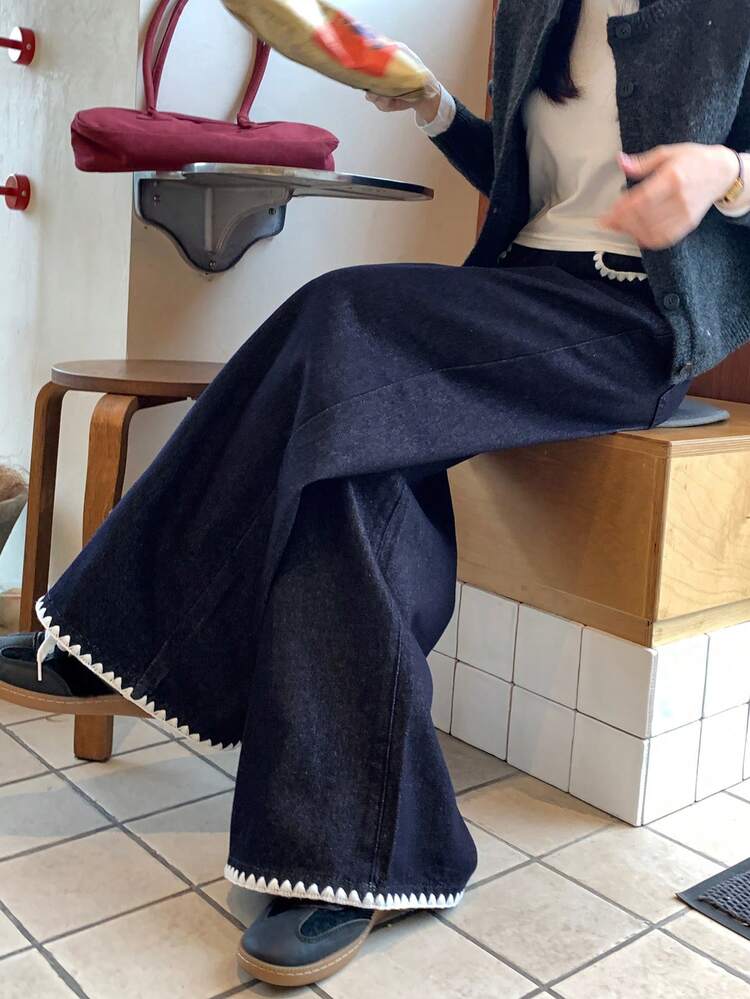 Tween Girls' Vintage Embroidered High-Waist Snug Fit Wide-Leg Dark Blue Loose Denim Jeans