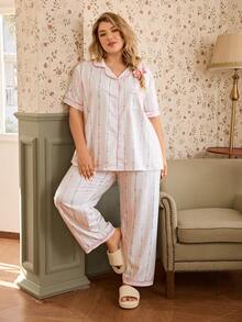 CottageSlumber Plus Size Ditsy Floral Ruffle Collar Short Sleeve PJS Curve PJS Summer Pijama Sets For Women Vintage PJS PJS For Woman Women Sleep Wear Set - White - View 6