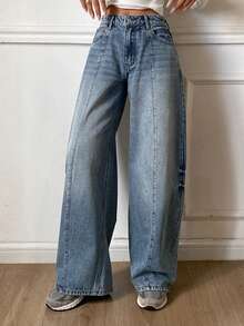 DAZY 女士低腰筒状休闲牛仔裤，都市街头风 Y2K - 中等水洗藍 - 查看 4