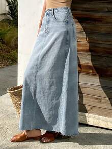 DAZY Women's Regular Waist Frayed Hem Long Casual Denim Skirt - Light Wash - View 5