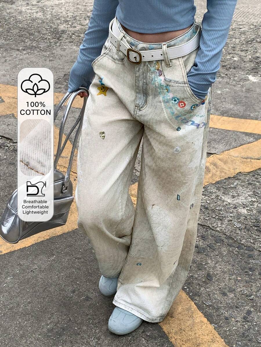 DAZY Women's Casual Fashion Street Chic Chain Print Washed Loose Wide-Leg Jeans, Belt Not Included - Beige - View 1