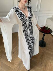 Celisse Women's Elegant Deep V-Neck Floral Print Loose Batwing Sleeve Dress - Multicolor - View 6