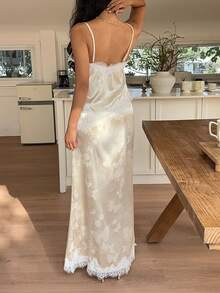 Sweetra Elegant French Style Jacquard Print Bright Yellow Camisole Paired With Graceful Lace Patchwork Midi Skirt, Women 2-Piece Set - Yellow - View 4