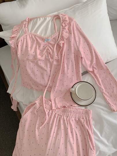 DAZY 3pcs/Set Floral Ruffle Trim Camisole & Pants Sleepwear Set For Women