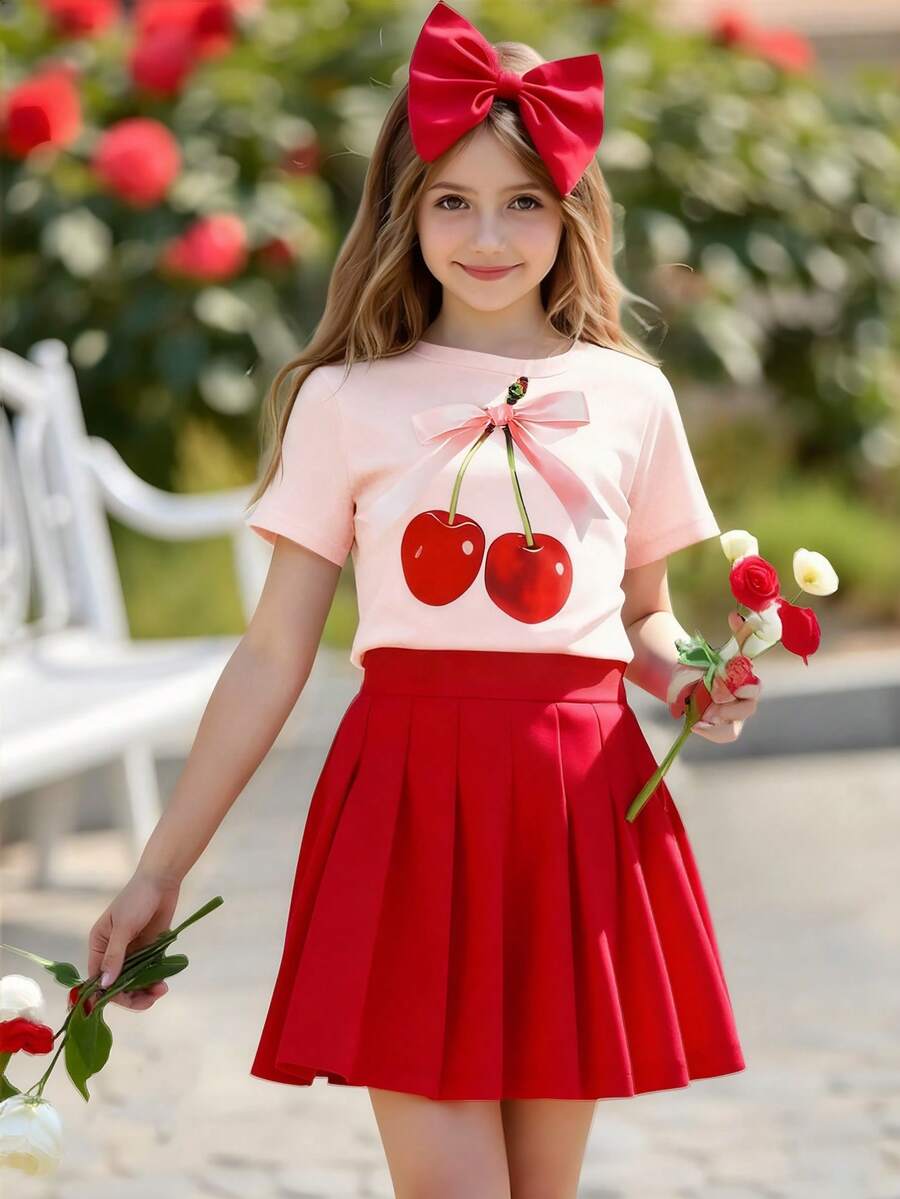 两件套：樱桃印花圆领短袖T恤和百褶裙，适合青春期前女孩，春夏款 - 彩色 - 查看 1