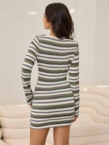 Aidyla Women Casual Striped Rib-Knit Bodycon Mini Dress With Long Sleeves And Round Neck - Multicolor - View 3