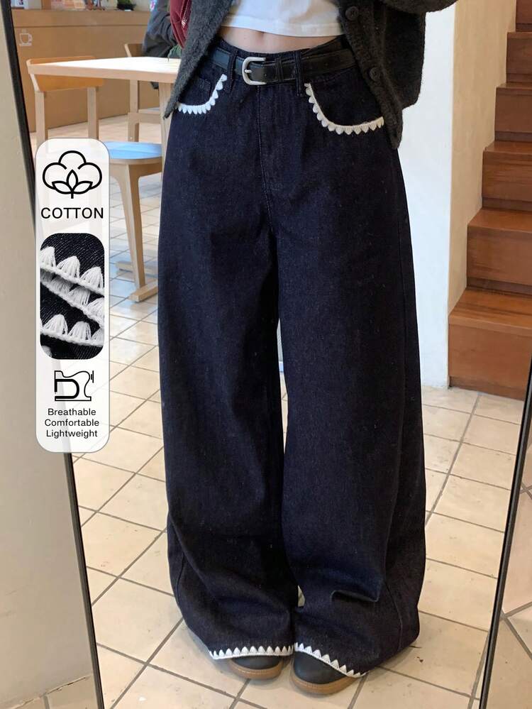 Tween Girls' Vintage Embroidered High-Waist Snug Fit Wide-Leg Dark Blue Loose Denim Jeans