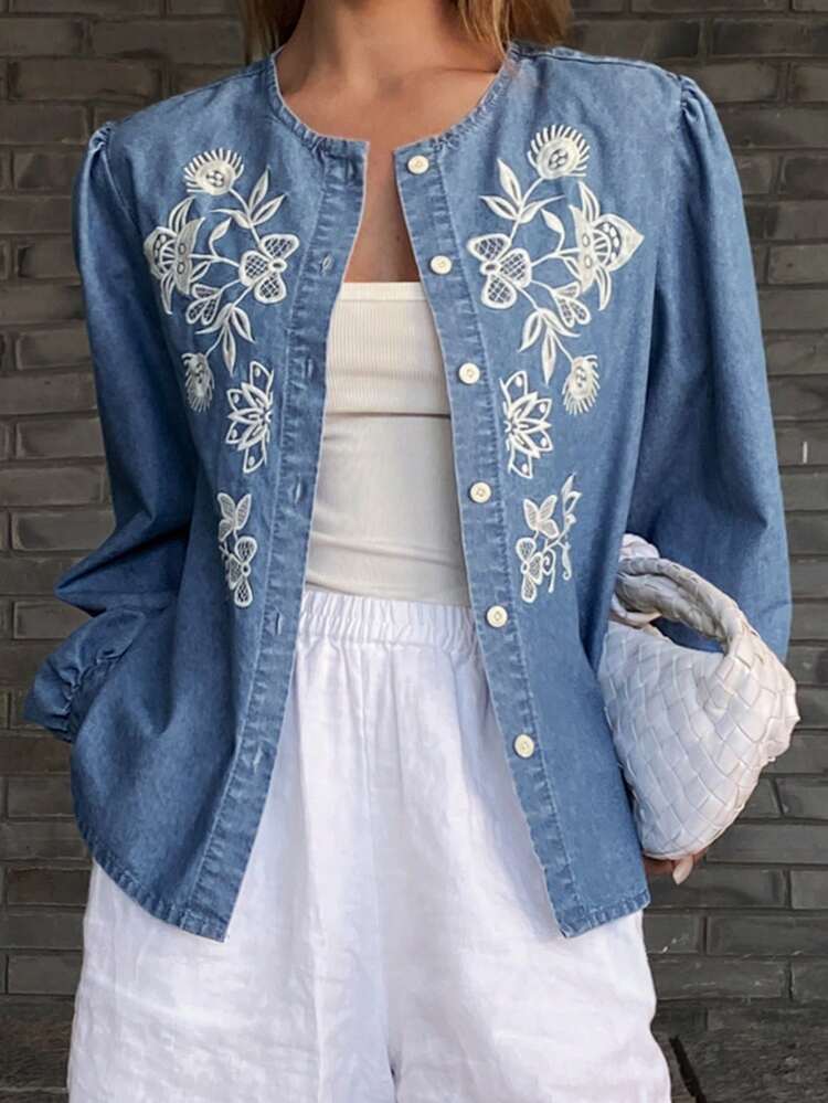 Women's Round Neck Floral Embroidery Decor Casual Denim Jacket, Elegant City Style Boho