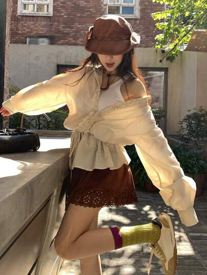 Livesso Women's Casual Everyday Solid Color Frill Trim Loose Jacket