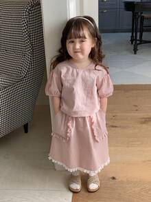 DAZY 2件套女童圆领可爱刺绣衬衫和裙子韩版休闲套装 - 粉色 - 查看 1