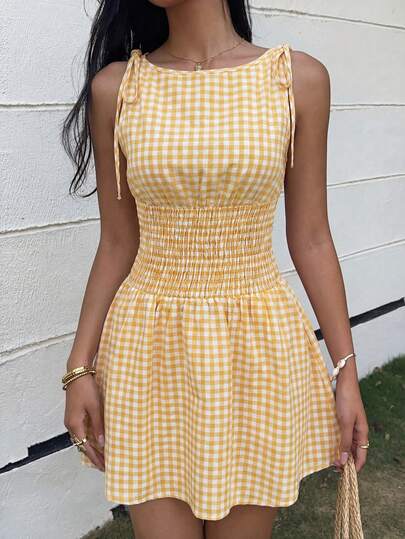 MainGRL Summer Casual Vacation Yellow Plaid Halter Mini Dress