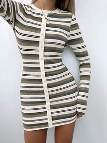 Aidyla Women Casual Striped Rib-Knit Bodycon Mini Dress With Long Sleeves And Round Neck - Multicolor - View 2