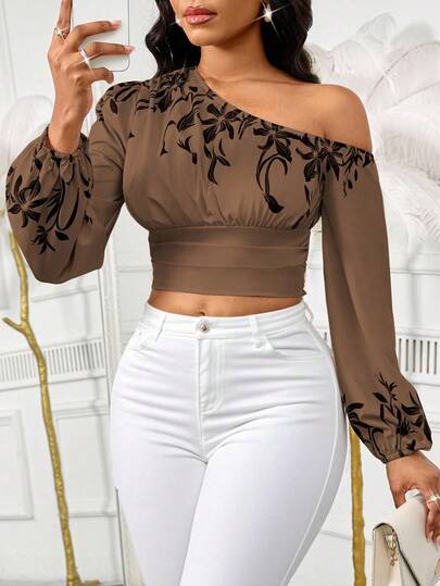 Lureya 女士时尚斜肩灯笼袖弹力袖口腰部上衣，度假印花休闲通勤装